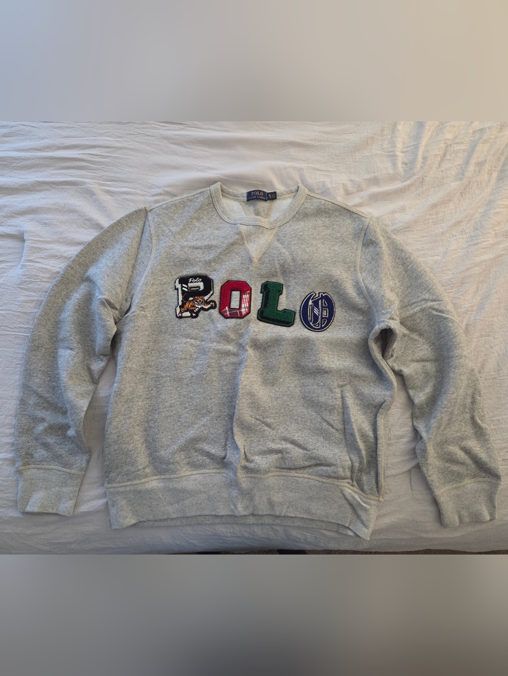 Ralph Lauren Light Gray Crewneck Sweatshirt with Multi-Color Logo Patches